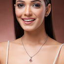 Rhodium Plated with Round Red American Diamond Studded Pendant Set