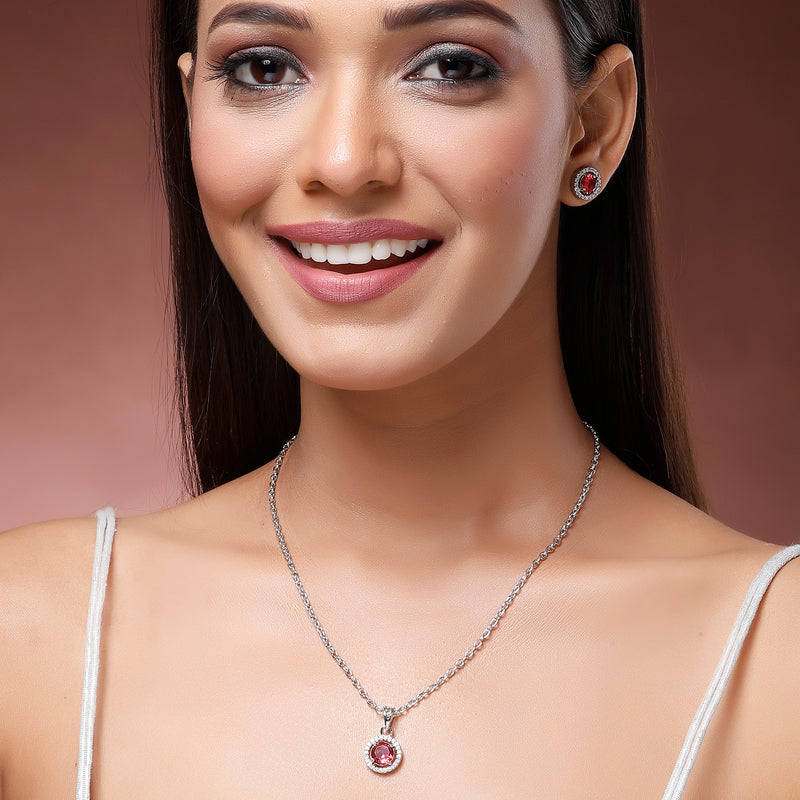 Rhodium Plated with Round Red American Diamond Studded Pendant Set