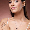 Rhodium Plated Silver Toned Violet American Diamond Studded Pendant Combo With Ring