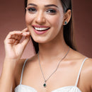 Rhodium Plated with Tear Drop Shaped Green American Diamond Studded Pendant Set