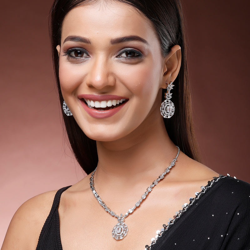 Rhodium Platted Classy Design white American Diamond Stones Studded Jewellery  Set