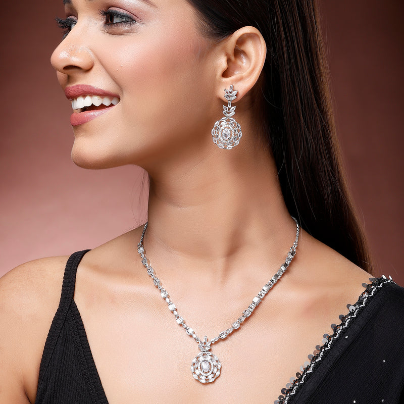 Rhodium Platted Classy Design white American Diamond Stones Studded Jewellery  Set