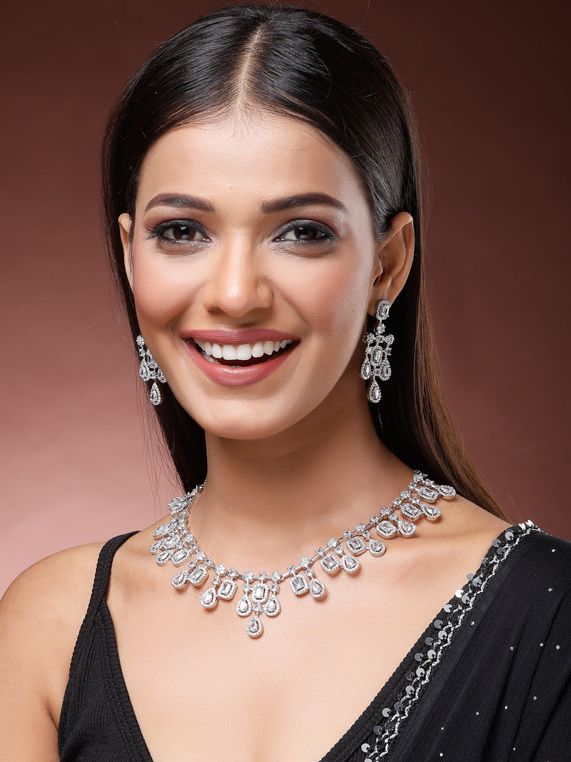 Rhodium Plated with Royal Design & White American Diamond Stones Studded Necklace Set