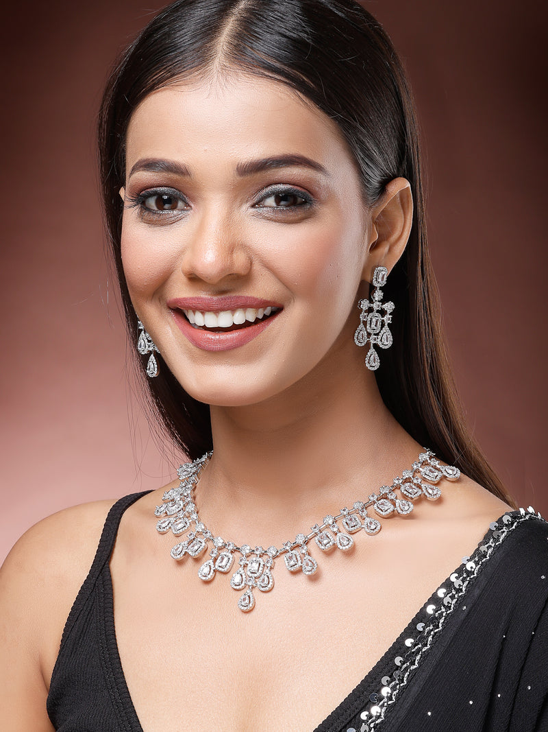 Rhodium Plated with Royal Design & White American Diamond Stones Studded Necklace Set