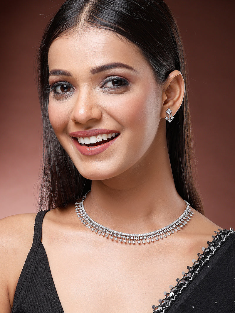 Rhodium Plated with Unique Design white AD Stones Studded Necklace Set