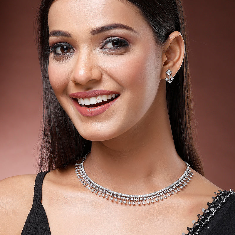 Rhodium Plated Unique Design white American Diamond Stones Studded Jewellery Set