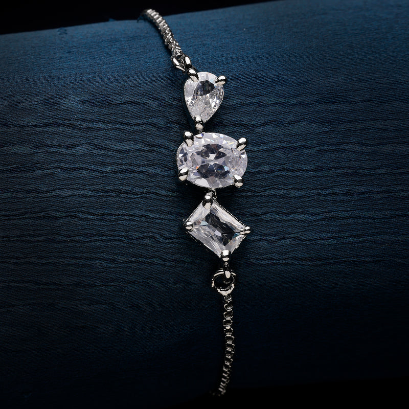 Rhodium Plated Silver Toned White American Diamond Studded Wraparound Bracelet