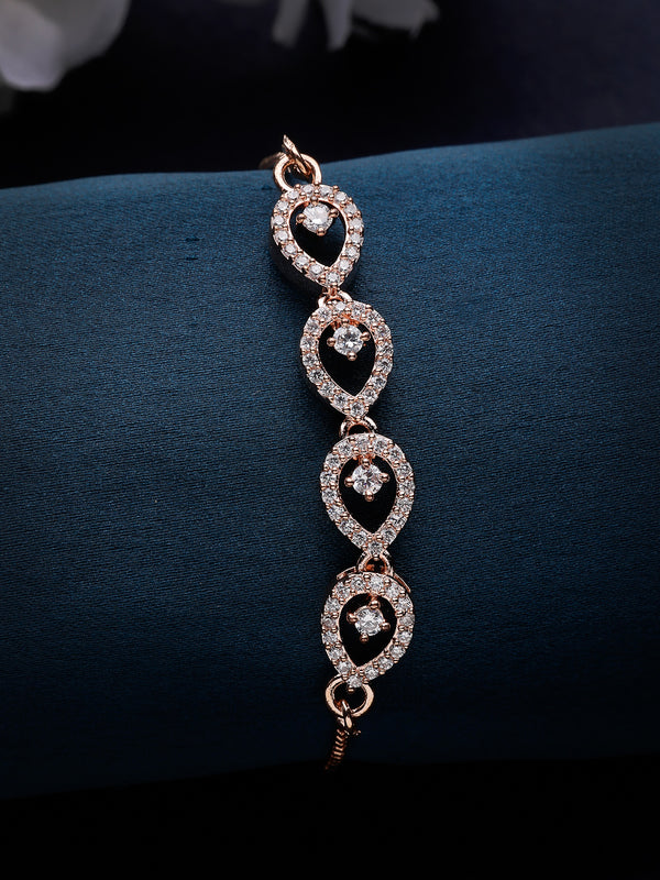 Rose Gold Plated  Drop Shaped White American Diamond Studded Bracelet