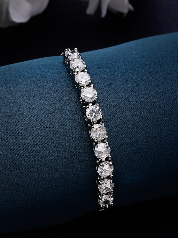 Rhodium Plated Silver Toned White American Diamond Studded Bracelet