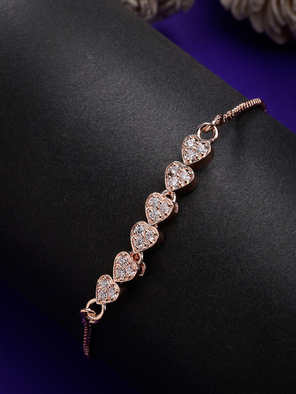 Rose Gold Plated Heart Shaped White American Diamond Studded  Bracelet