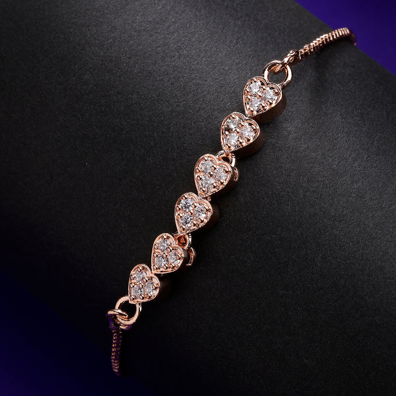 Rose Gold Plated Heart Shaped White American Diamond Studded  Bracelet