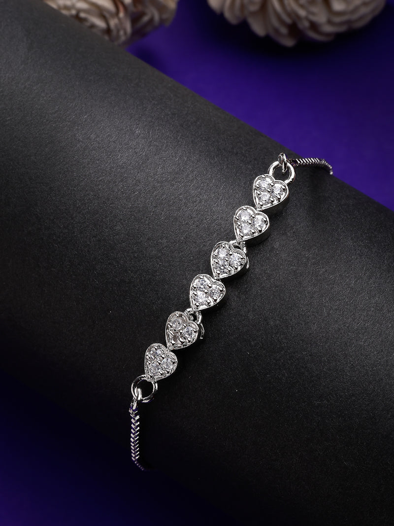 Rhodium Plated Silver Plated Heart Shaped White American Diamond Studded  Bracelet