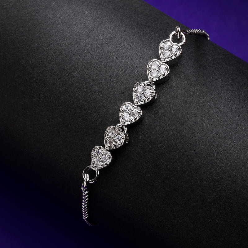 Rhodium Plated Silver Plated Heart Shaped White American Diamond Studded  Bracelet