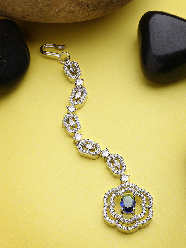 Rhodium Plated with White & Blue American Diamond Studded Floral Design Maang Tikka