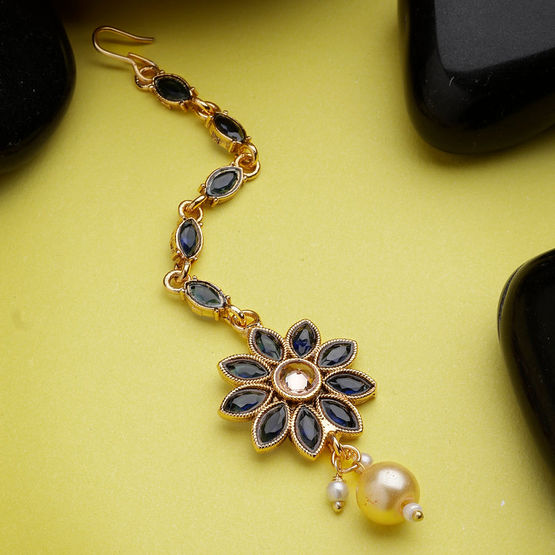 Gold Plated Blue Pearl Studded Maang Tikka