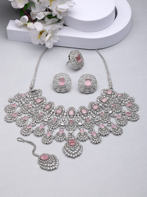 Rhodium Plated with Chandelier Design & Pink American Diamond Studded Necklace Set