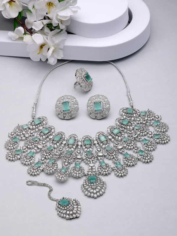 Rhodium Plated with Chandelier Design & Sea Green American Diamond Studded Necklace Set