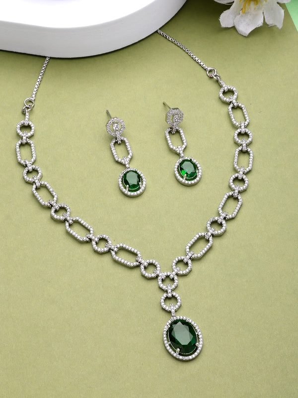 Rhodium Plated Emerald Dreams Design with Green AD Studded Necklace Set