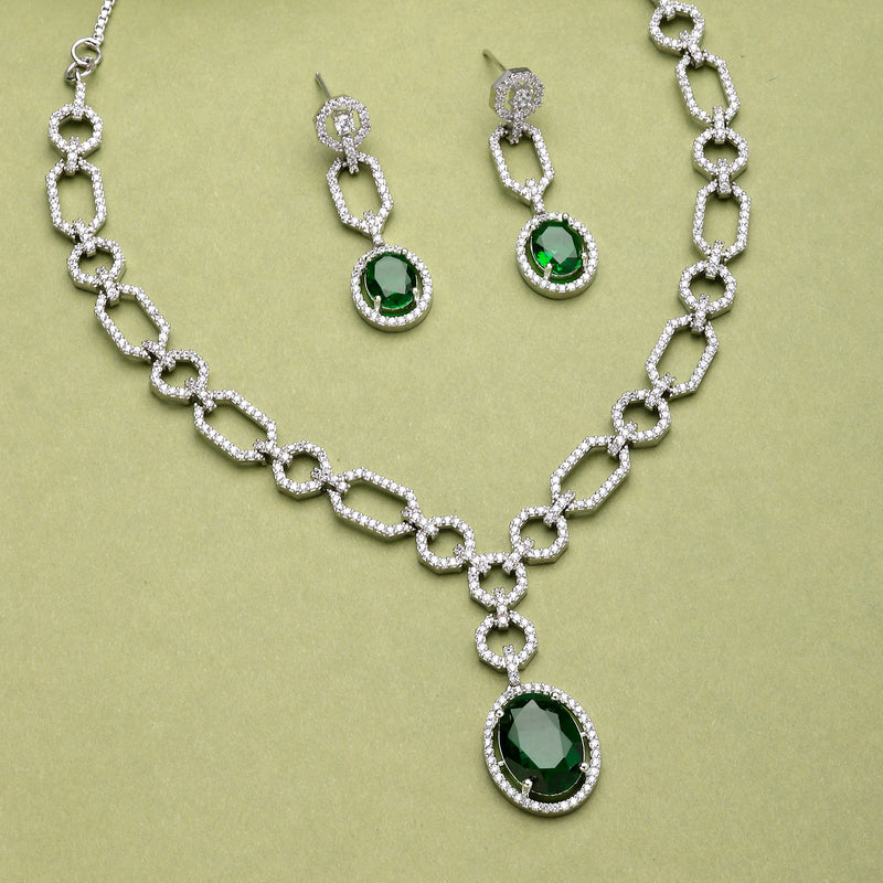 Rhodium Plated Silver Toned Emerald Green American Diamond Studded Jewellery Set