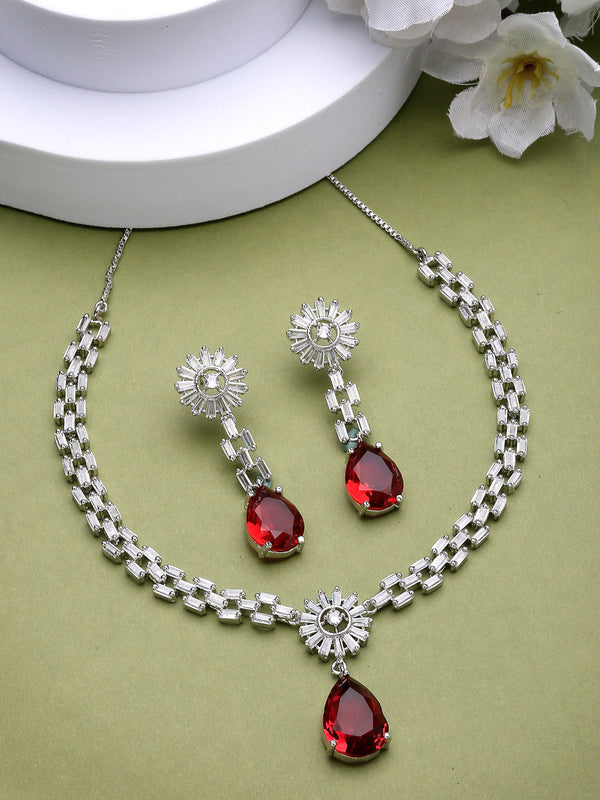 Rhodium Plated with Classy Design & Red American Diamond Studded Necklace Set