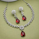 Rhodium Plated Silver Toned Teardrop Shaped Ruby American Diamond Studded Necklace Set