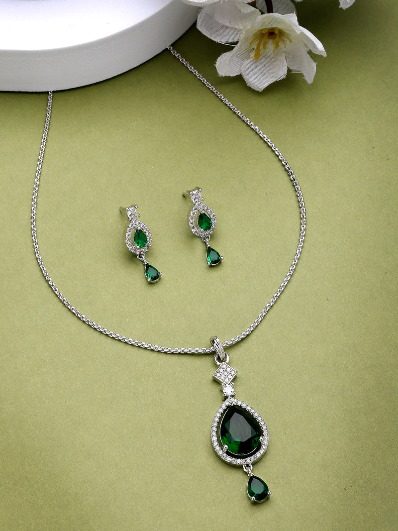 Rhodium Plated with Green Tear Drop Shape American Diamond Studded Pendent Set