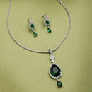 Rhodium Plated with Green Tear Drop Shape American Diamond Studded Pendent Set