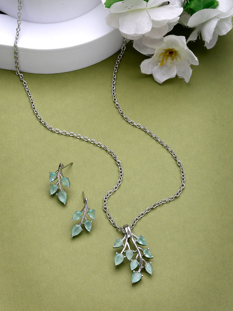 Rhodium Plated with Leaf Shaped Design & Sea Green American Diamonds Studded Pendant Set