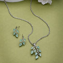 Rhodium Plated with Leaf Shaped Design & Sea Green American Diamonds Studded Pendant Set