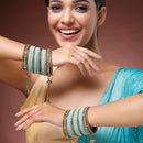 Gold-Plated Velvet Sea Green Set Of 56 Traditional Tasseled With Ghunghru Chuda Bangles