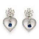 Rhodium Plated Silver Toned Hearty Floral Shaped Navy Blue & White American Diamond Studded Drop Earrings