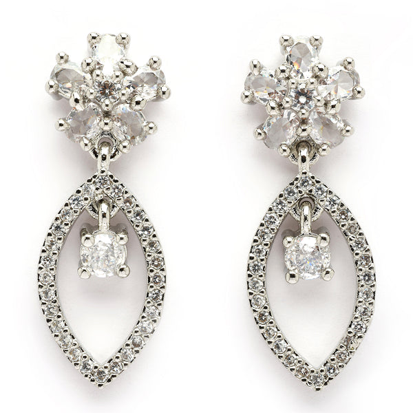 Rhodium Plated Silver Toned Floral Leaf Shaped White American Diamond Studded Drop Earrings