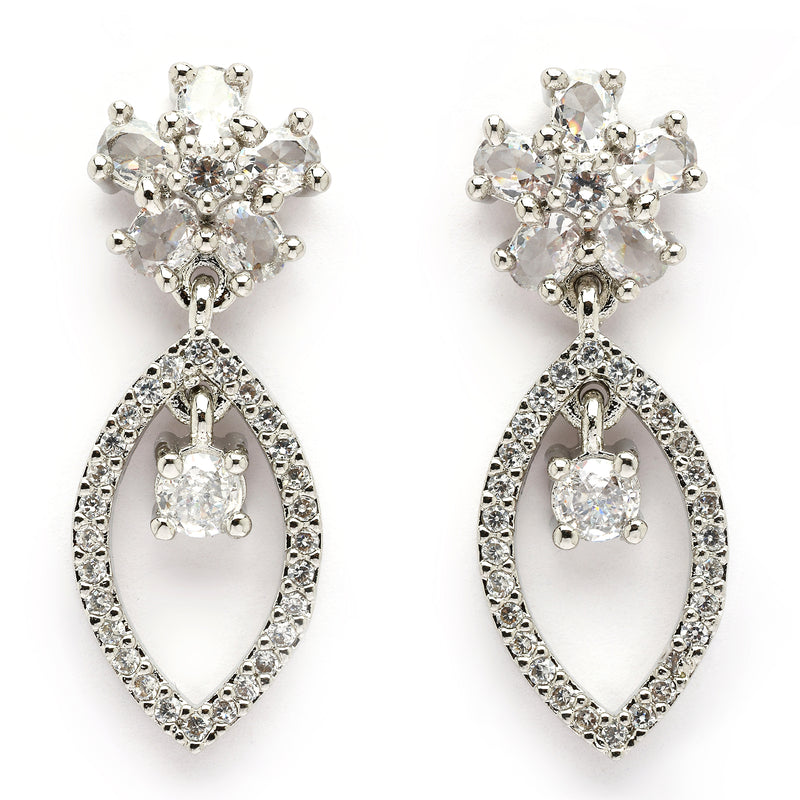 Rhodium Plated Silver Toned Floral Leaf Shaped White American Diamond Studded Drop Earrings