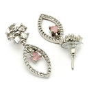 Rhodium Plated Silver Toned Floral Leaf Shaped Pink & White American Diamond Studded Drop Earrings