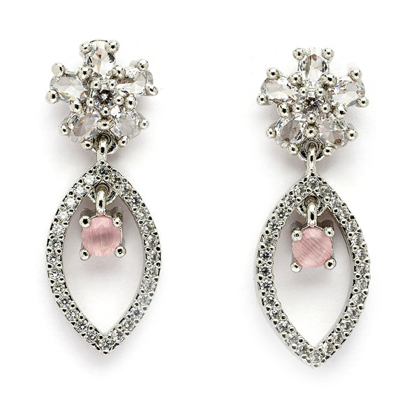 Rhodium Plated Silver Toned Floral Leaf Shaped Pink & White American Diamond Studded Drop Earrings