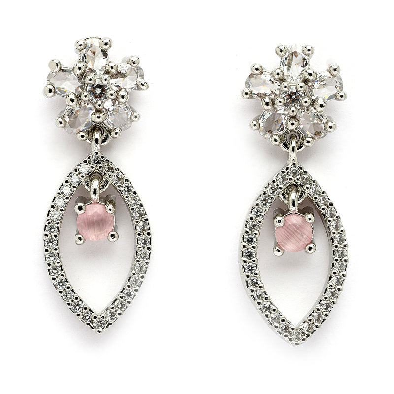 Rhodium Plated Silver Toned Floral Leaf Shaped Pink & White American Diamond Studded Drop Earrings