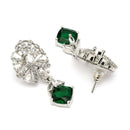 Rhodium Plated Silver Toned Leaf Shaped Green & White American Diamond Studded Drop Earrings