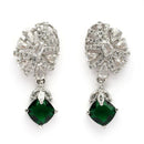 Rhodium Plated Silver Toned Leaf Shaped Green & White American Diamond Studded Drop Earrings