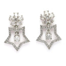Rhodium Plated Silver Toned Starry Floral Shaped White American Diamond Studded Drop Earrings