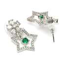 Rhodium Plated Silver Toned Starry Floral Shaped Green & White American Diamond Studded Drop Earrings