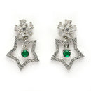 Rhodium Plated Silver Toned Starry Floral Shaped Green & White American Diamond Studded Drop Earrings