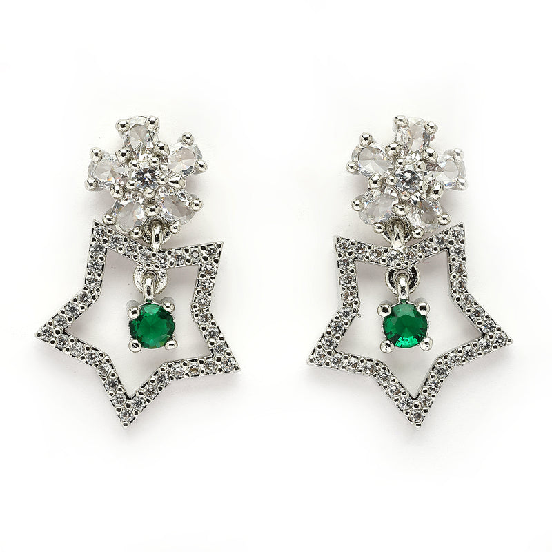 Rhodium Plated Silver Toned Starry Floral Shaped Green & White American Diamond Studded Drop Earrings