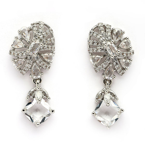 Rhodium Plated Silver Toned Leaf Shaped White American Diamond Studded Drop Earrings