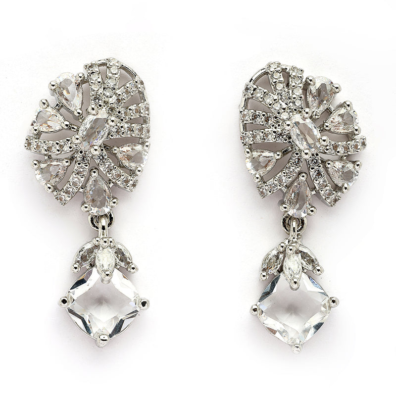 Rhodium Plated Silver Toned Leaf Shaped White American Diamond Studded Drop Earrings