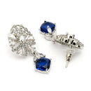 Rhodium Plated Silver Toned Leaf Shaped Navy Blue White American Diamond Studded Drop Earrings