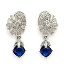 Rhodium Plated Silver Toned Leaf Shaped Navy Blue White American Diamond Studded Drop Earrings