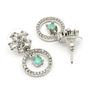 Rhodium Plated Silver Toned Floral Shaped Sea Green White American Diamond Studded Drop Earrings