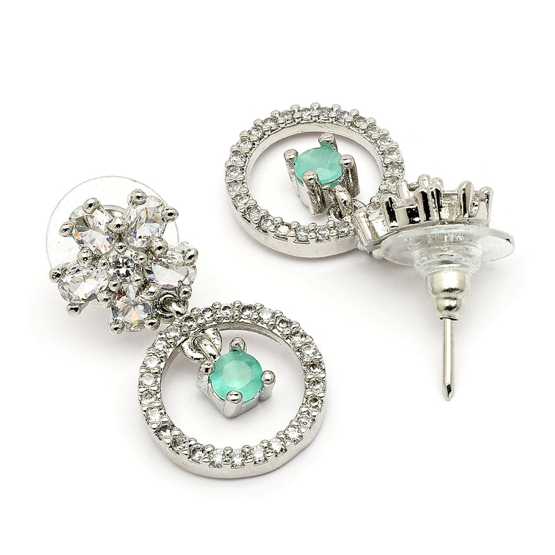 Rhodium Plated Silver Toned Floral Shaped Sea Green White American Diamond Studded Drop Earrings