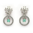 Rhodium Plated Silver Toned Floral Shaped Sea Green White American Diamond Studded Drop Earrings