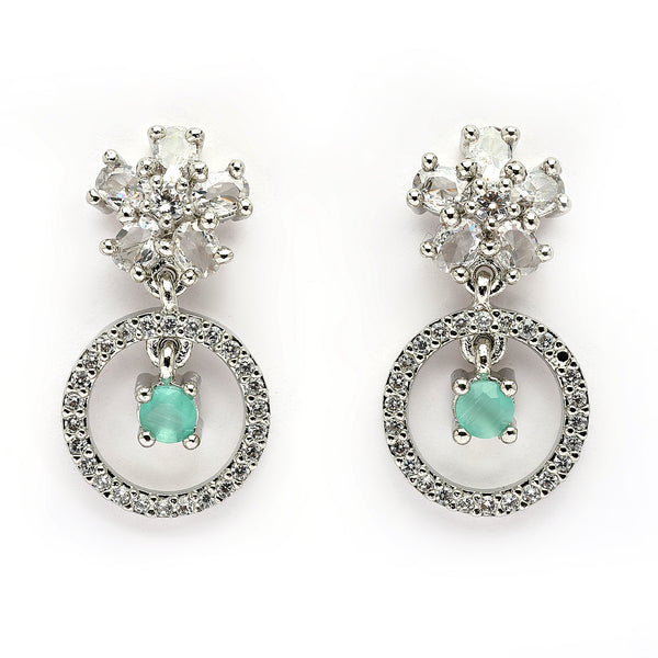 Rhodium Plated Silver Toned Floral Shaped Sea Green White American Diamond Studded Drop Earrings